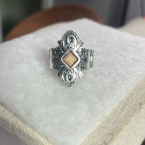 Silver and Cream Art Deco Ring with Intricate Design